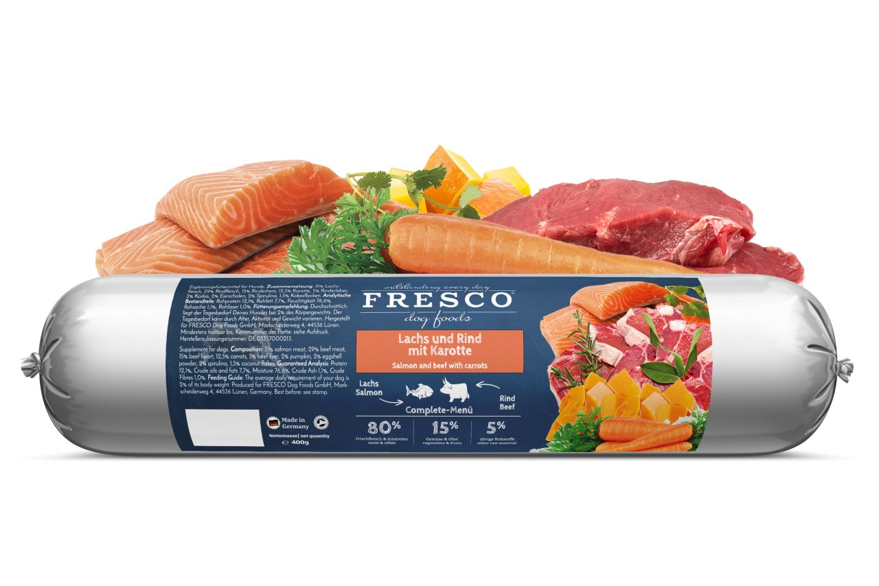 BARF Wurst Complete - Lachs und Rind mit Karotte, 400g